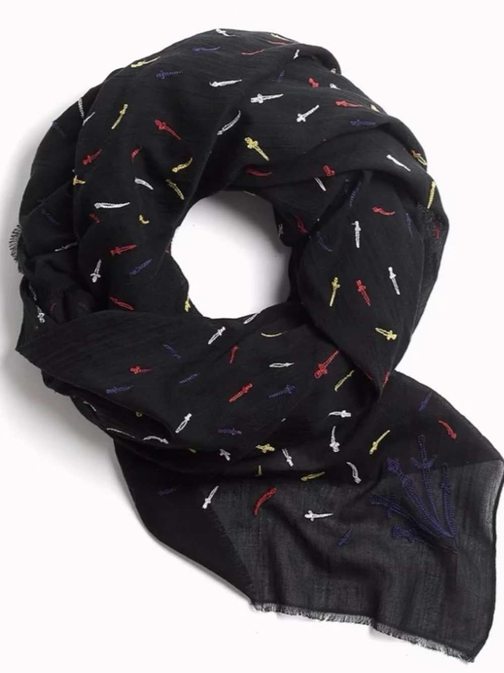 rag & bone Black Cotton Embroidered Dagger Scarf